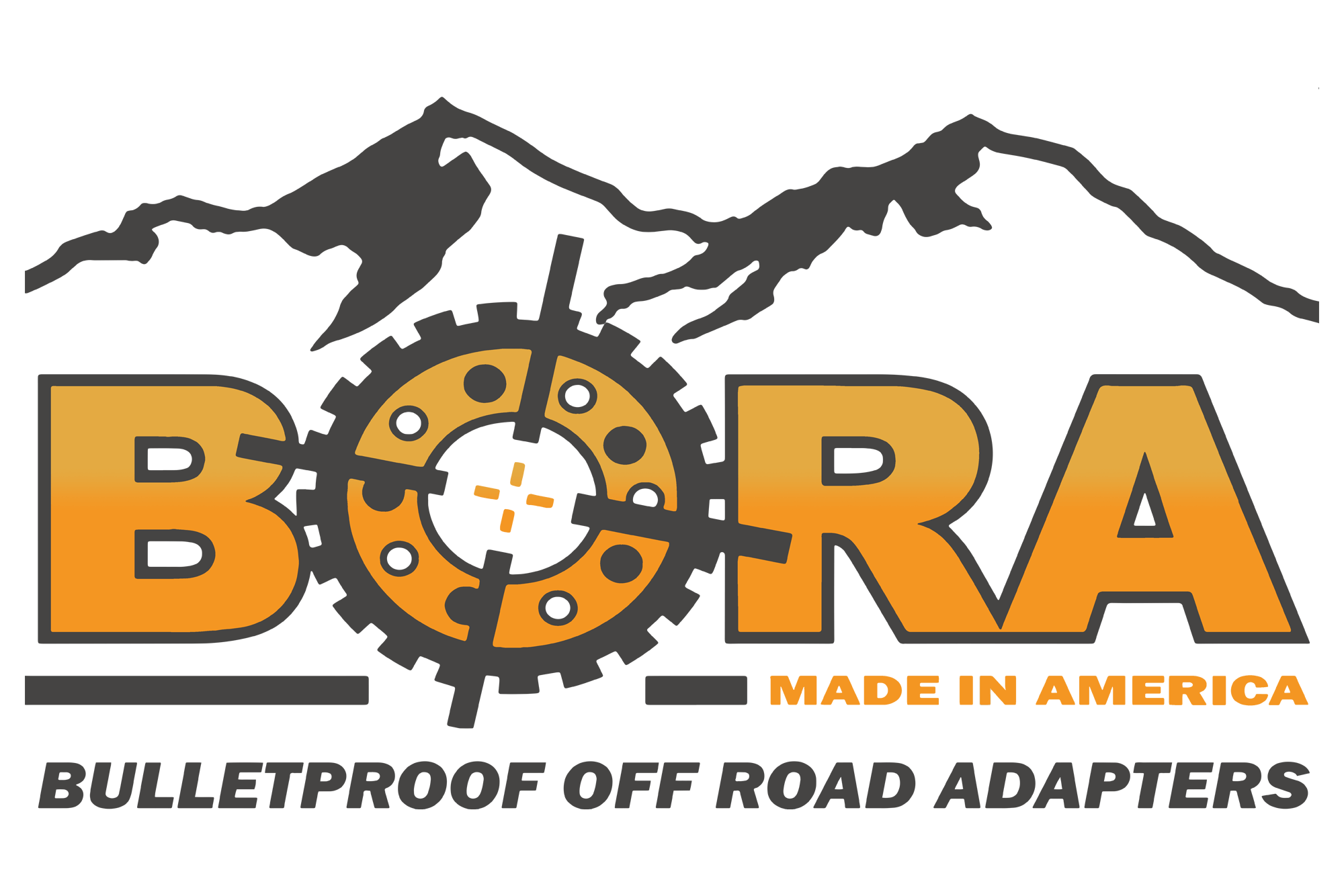 Bold orange text "BORA" with a gear and crosshair design, mountains in the background.