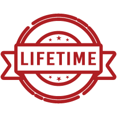 Red "Lifetime" emblem with stars in a circular design and banner, conveying a sense of durability and long-term guarantee.